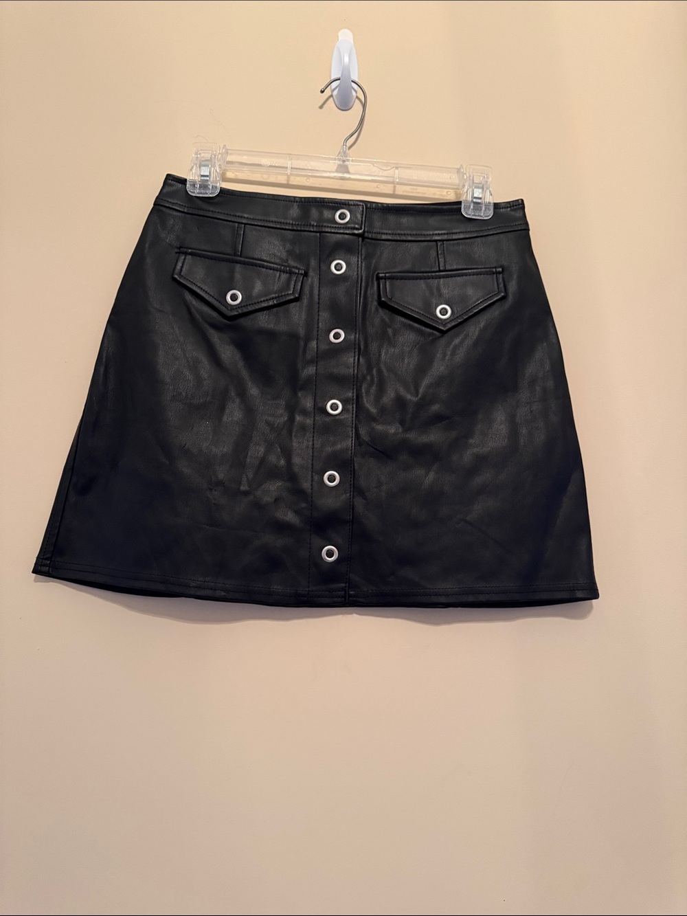 NWT‎ Express Black Faux Leather Button-Front Mini Skirt Size 6